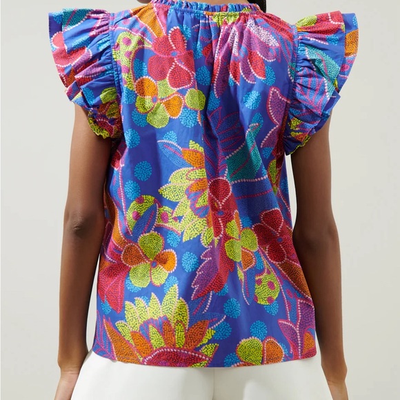 Amazonia Blue Risette Ruffle Cap Sleeve Split Neck Top. - Picture 7 of 7